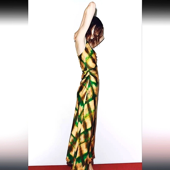 ZARA SATIN COWL NECK GREEN & GOLD SLIP MIDI DRESS SIZE SMALL - Picture 3 of 15